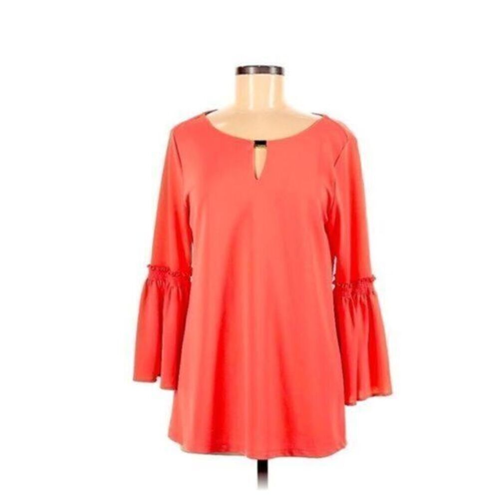 Calvin Klein tunic/blouse coral flared ruched ruffled long sleeve M - Picture 1 of 12